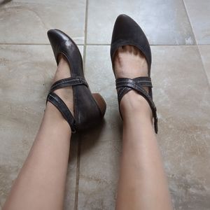 Fidji Gunmetal Metallic Leather Criss Cross Strap Mary Janes Wedge Heel 38 7.5